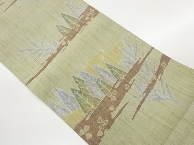 手織り紬霞に木々・雲・草模様織出し全通洒落袋帯